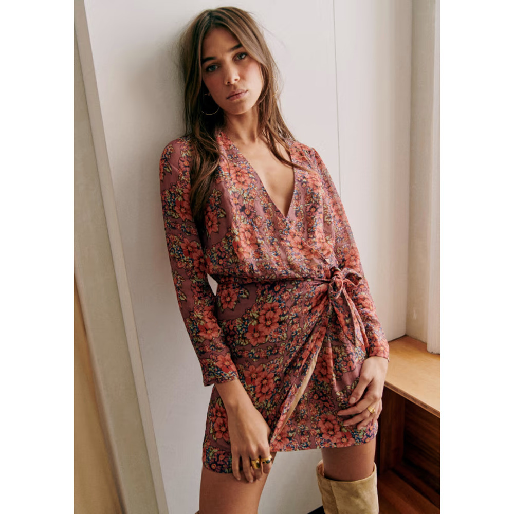 Sézane Noemia Mini Wrap Dress Fleur Violet Whimsy Romantic Boho Size 46 NWT